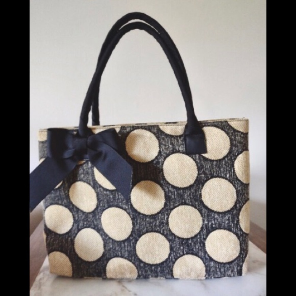 ClassyTalbots Purse Black Hatch w/ Cream Dots Ribbon Handles Bow EC
